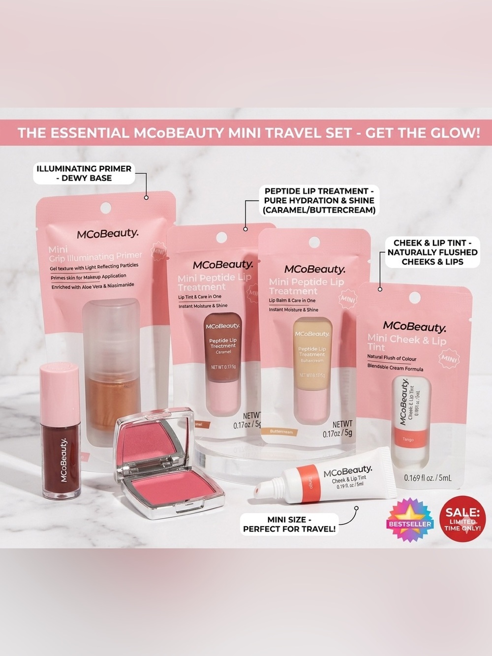 MCoBeauty 6 Pc BUNDLE - Lip Oil, Primer, Lip Treatment, Blush, Cheek & Lip Tint